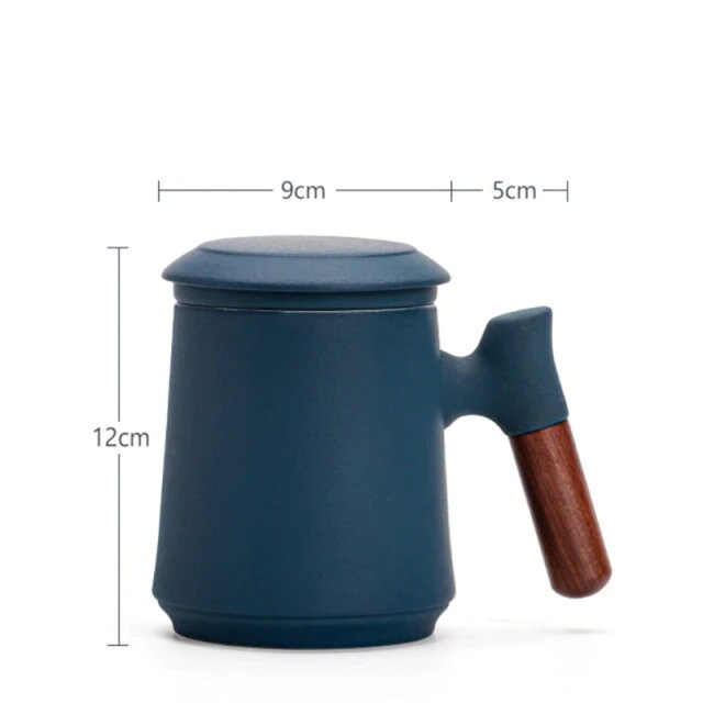 ACACUSS Japanese Ceramic Tea mug Set with Infuser and Lid Handmade Personalization Wooden Handle Filtered Tea Mountain Pottery Tea mug 450ml - ACACUSS