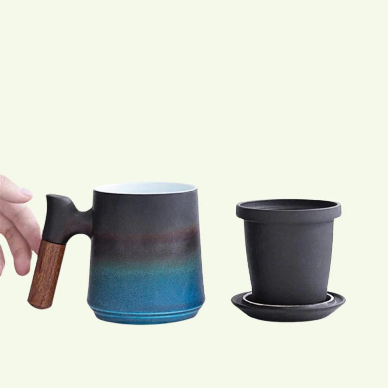 ACACUSS Japanese Ceramic Tea mug Set with Infuser and Lid Handmade Personalization Wooden Handle Filtered Tea Mountain Pottery Tea mug 450ml - ACACUSS
