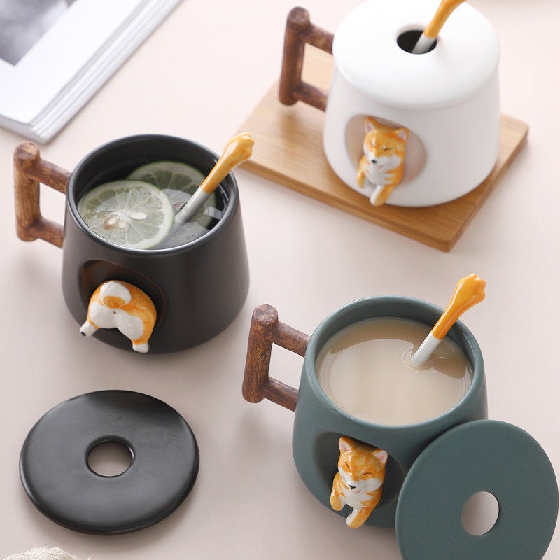 Duży kubek do kawy doskonały dla miłośnika kawy prezent Shiba inu kubek ceramiczny z pokrywką i łyżką - kubek do kawy dla psa
