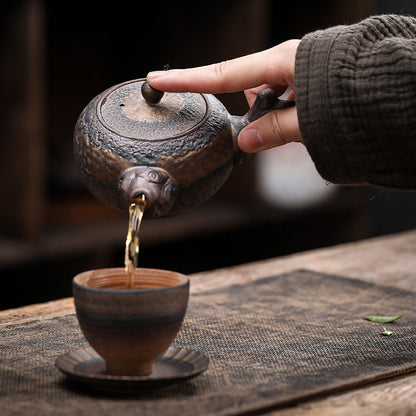 Service à thé Kung Fu en céramique rétro fait à la main en grès, théière simple en fer glacé, Style Kyusu - Théière en grès poignée latérale en céramique