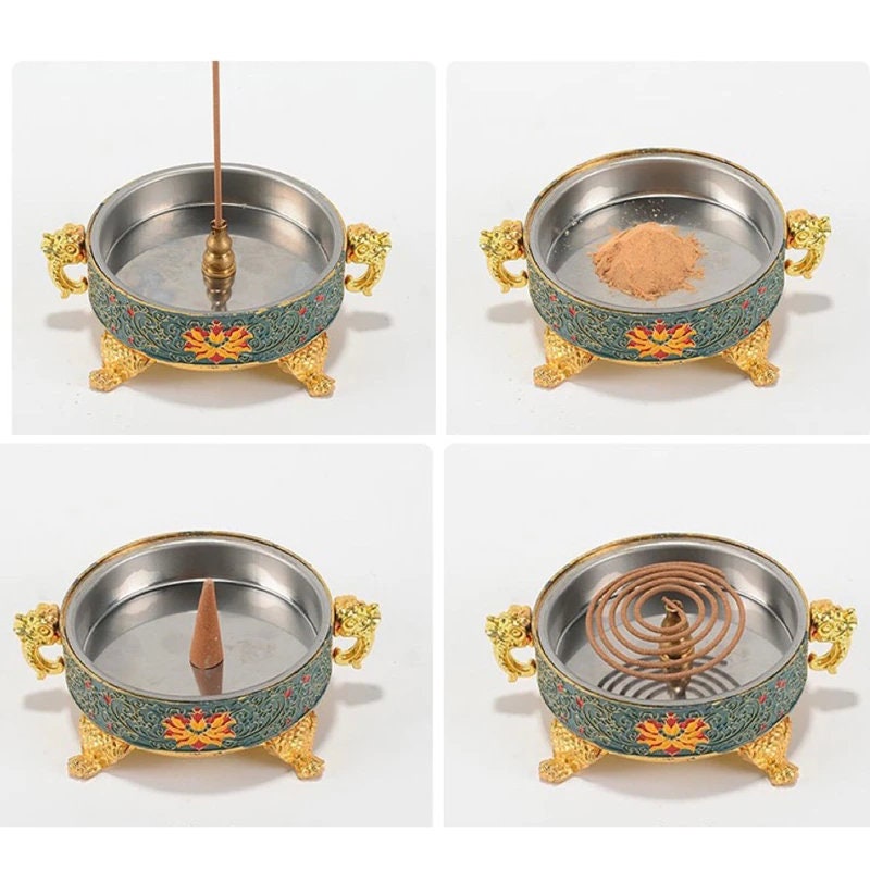 Tibetan Dish Incense Burner Color Copper Alloy Painted Incense Burner - indoor  Meditation Engraving Temples Smoke Supply Furnace Ornaments - ACACUSS