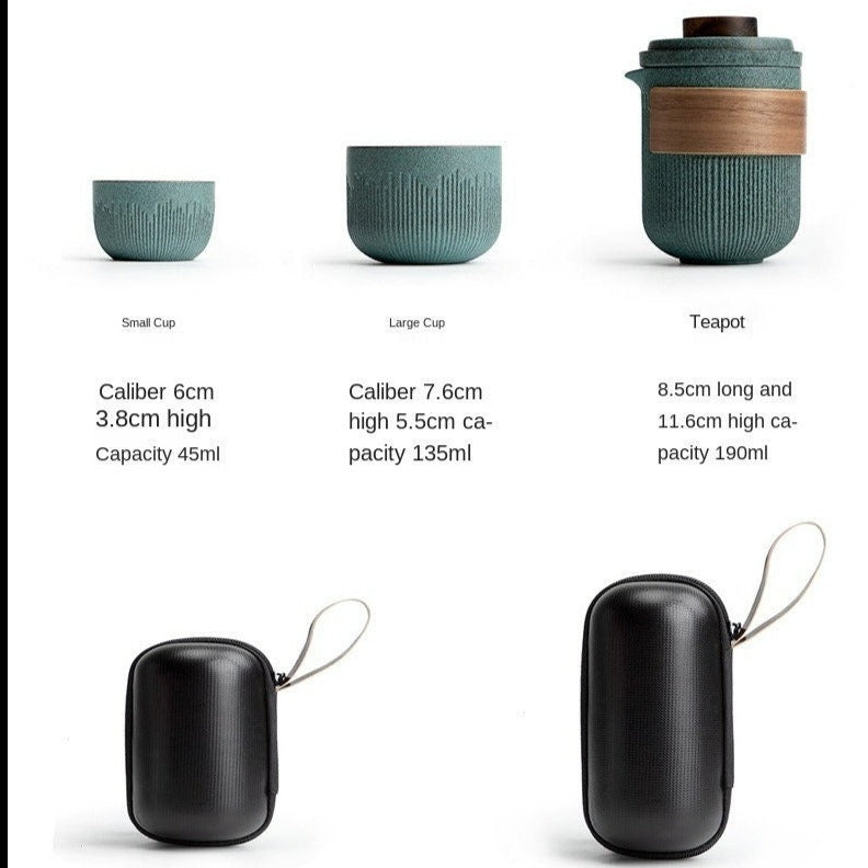 Set di tè portatile da viaggio in ceramica | Bluestone Glaze Striped Quick Guest Cup | Quattro tazze in ceramica | TAVE TEA PORTATILE SET OUTDOOR