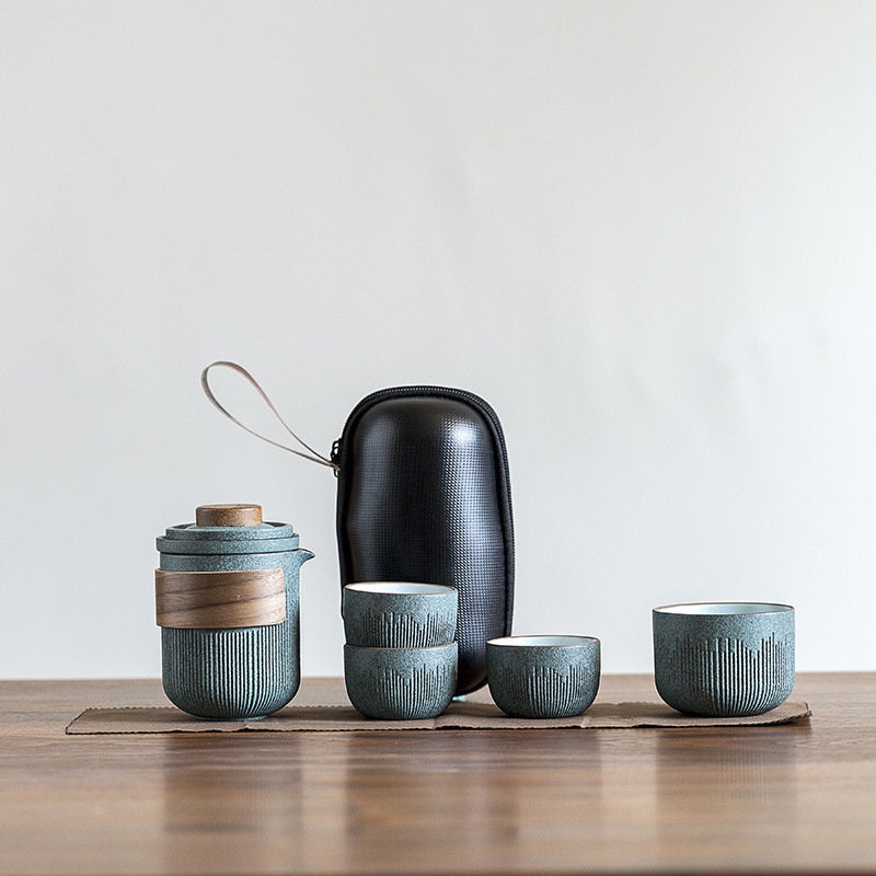 Ceramic Travel Portable Tea set  | Bluestone Glaze Striped Quick Guest Cup  |  Four Cups Ceramic  |  Travel Portable Tea Set Outdoor