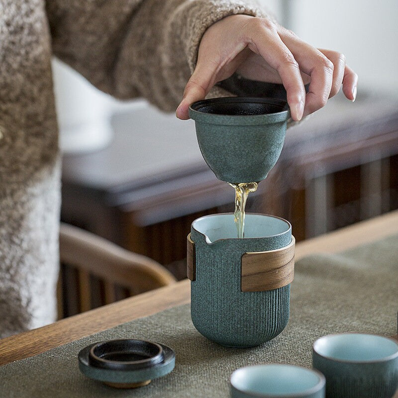 Service à thé portable de voyage en céramique | Tasse d'invité rapide rayée Bluestone Glaze | Quatre tasses en céramique | Service à thé portable de voyage en plein air