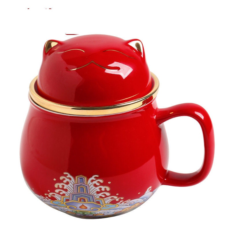 Cute Lucky Cat tea & coffee mug with infuser Forbidden City Cat Cup With Lid Ceramic Female Tea I Coffee Mug Milk Tea Cups Drinkware - acacuss