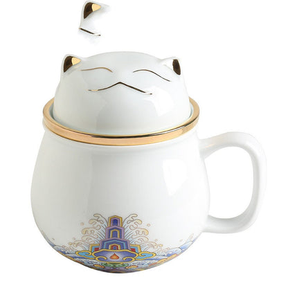 Taza de té y café de gato con suerte con infusor Caza de gatos prohibidas con tapa de cerámica té tea de café tazón de leche tazas de té bebida