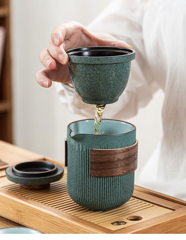 Vidro Kuai ke Cup One Pote Quatro xícaras de chá portátil Conjunto de chá com bolsa | Esmalte Bluestone Copo de convidado rápido listrado | Quatro xícaras de cerâmica