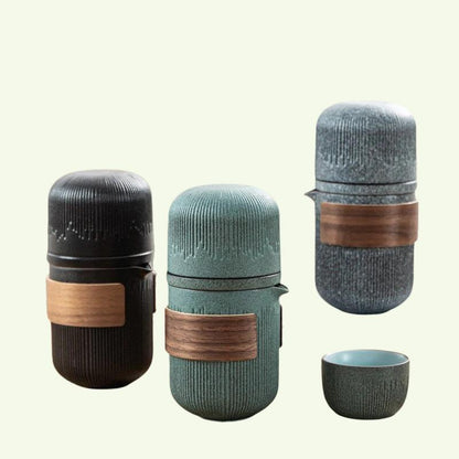 Glass Kuai Ke Cup 1 냄비 4 컵 휴대용 여행 차 세트 가방 | Bluestone 유약 줄무늬 빠른 게스트 컵 | 4 컵 세라믹