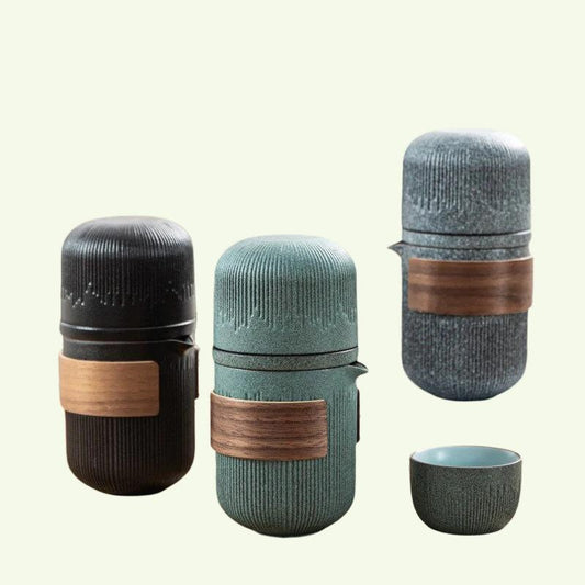Glas kuai ke cup en gryde fire kopper bærbart rejsetesæt med taske | Bluestone Glaze Striped Quick Guest Cup | Fire kopper keramik