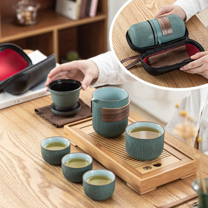 Glass Kuai ke tazza una pentola quattro tazze di tè da viaggio portatile con borsa | Bluestone Glaze Striped Quick Guest Cup | Quattro tazze in ceramica
