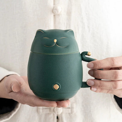 Lucky Cat Ceramic Tea Cup med Infuser I Söt katt te mugg lock i kaffemugg mjölk te cups drinkware i unik design hemmakontor gåva