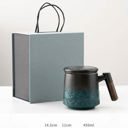 Taza de té de cerámica de ciervo lindo con taza de café infusor y tapa con colador y mango de madera de 430 ml de separación de té de cerámica con tapa
