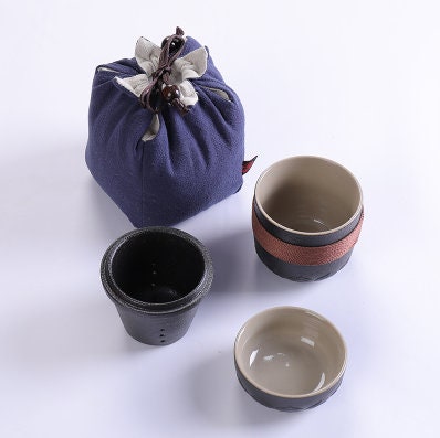 Bærbar reisesett | Svart | Hvitt steingods 1 tepot 2 te kopper | Office Drinkware | Håndlaget teseremonitilbehør s