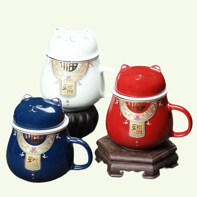 Taza de gato cerámica i linda tazón de té de gato tapa