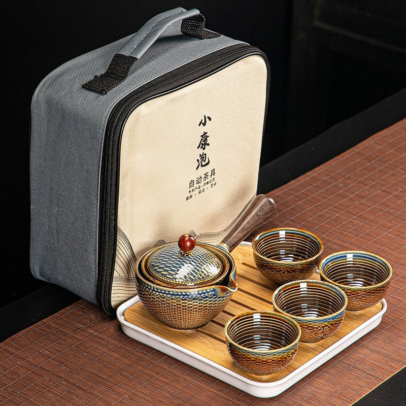 Set Teh Perjalanan Mudah Alih Seramik - Teapot 360 Spinning Automatik - Hadiah Dikemas