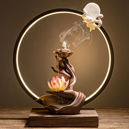 Røkelse brenner holderen LED -lampe Bakstrømning Røkelse veranda Dekorasjon Keramisk lampe Ring Bergamot Lotus hjerte