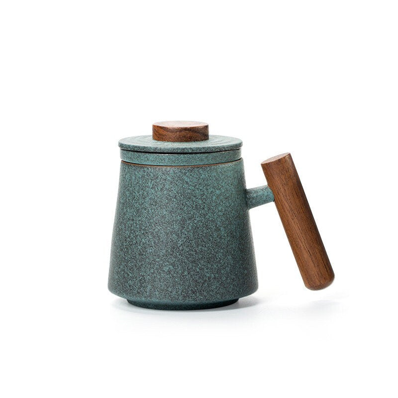 Bluestone Glazed Wooden Handle Mug Large TEA-Ceramic Tea Mugs with Filters Coffee Mugs Drinkware 320ml - acacuss