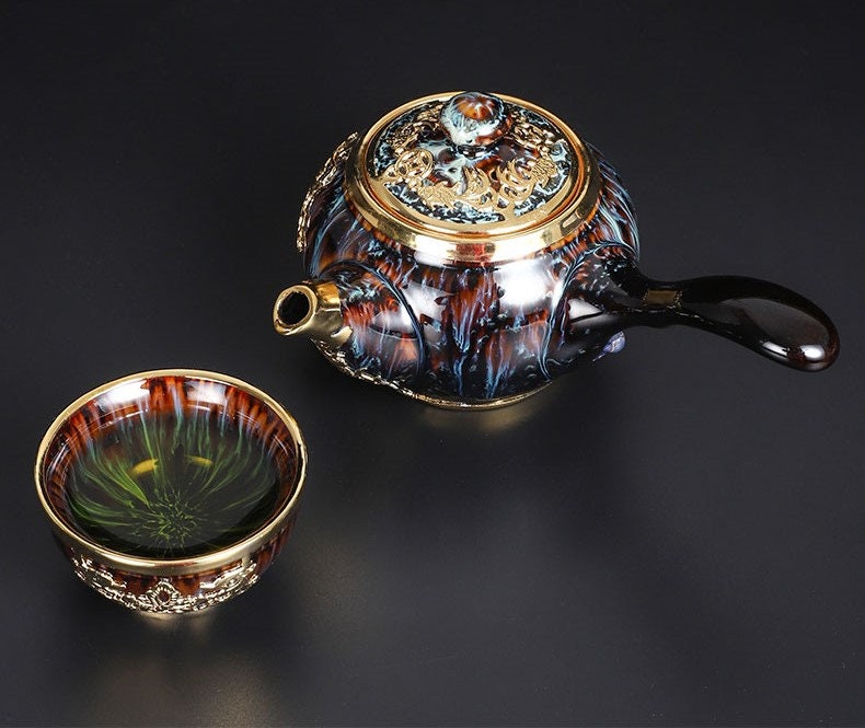 Guld indlagt jade hånd-in-laid guld side håndtag pot kung fu te sæt teapot te cup jianzhan te en enkelt pot husstand high-end tekande