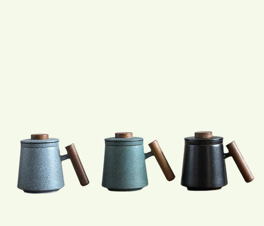 Bluestone Glazed Wooden Handle Mug Teh Teh Teh besar dengan penapis Mug Kopi Drinkware 320ml