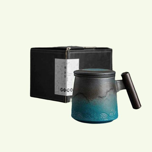 Tasse à café rétro, filtre de séparation d'eau de thé, tasse à thé avec couvercle, tasse à thé chinoise, tasse d'eau, poignée en bois, cadeau d'affaires