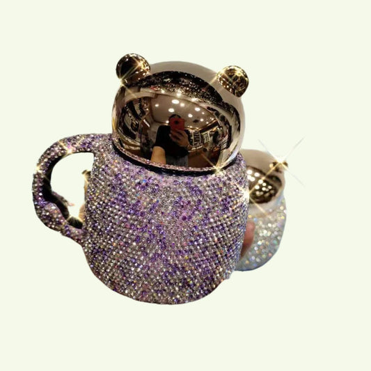 Coffee Tumbler Mugs Ceramic Cup With Diamond Rhinestone Glam Cartoon Bear With Lid