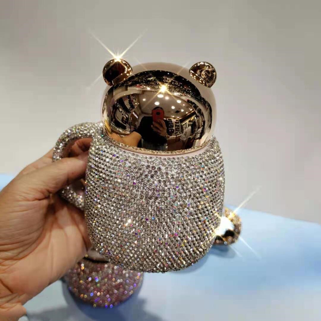 Kaffe tumlar muggar keramisk kopp med diamant strass glam tecknad björn med lock