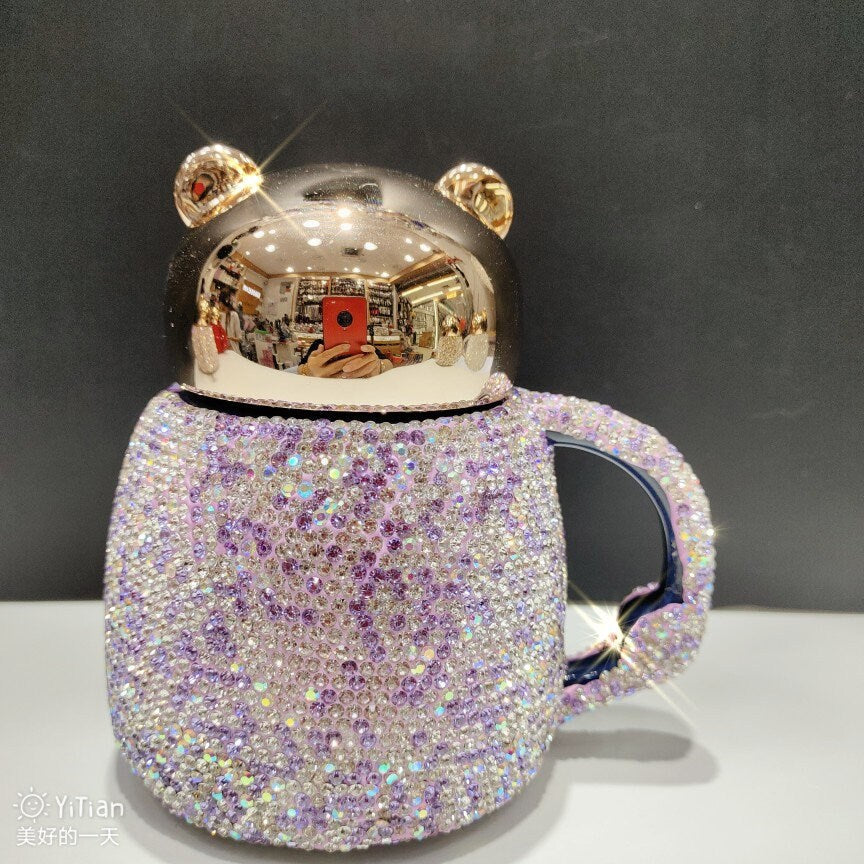Kaffe tumbler krus keramisk kop med diamant rhinestone glam tegneserie bjørn med låg