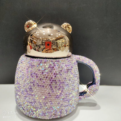Kopi Tumbler Mugs Piala Keramik dengan Berlian Berlian Berlapin Kartun Glam Kartun Beruang Dengan Tutup