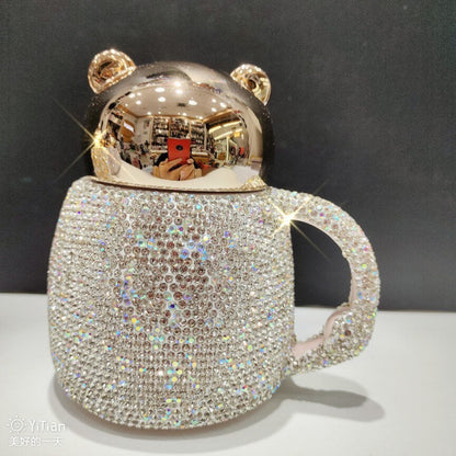 コーヒータンブラーマグカップダイヤモンドラインストーングラム漫画の蓋付きのセラミックカップ