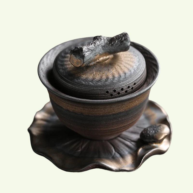 Jingdezhen Wood-fired Gaiwan Kung fu Iron-glazed Tea Bowl - acacuss