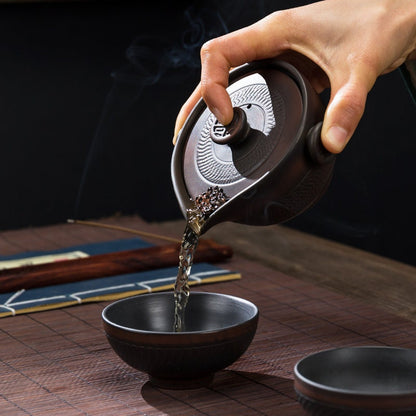 Service à thé Unique en poterie violette, service à thé de voyage en céramique à la mode, 2 tasses à thé et théière portables