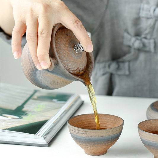 Teko retro buatan tangan dengan mangkuk teh berbahan bakar kayu, keramik kung fu pu'er pembuat teh tunggal