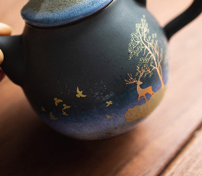TEATO CERÁMICA GOLD Ciervo Té de té chino Tetera de cerámica - Juego de té de kung fu para una sola maceta