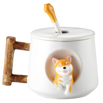 Handgefertigter großer Becher für Shiba-Inu-Hundeliebhaber für Kaffee und Tee – niedlicher Shiba-Inu-Becher aus Keramik mit Deckel und Löffel