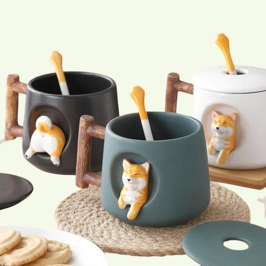 Handgefertigter großer Becher für Shiba-Inu-Hundeliebhaber für Kaffee und Tee – niedlicher Shiba-Inu-Becher aus Keramik mit Deckel und Löffel