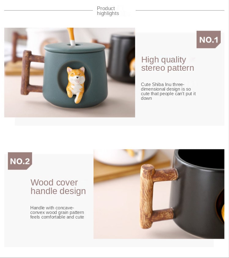 ACACUSS Dog Lovers Pottery MUG For Coffee and Tea - Ceramic Personality Cute Shiba inu Mug With lid and spoon - dog coffee mug personalized - ACACUSS