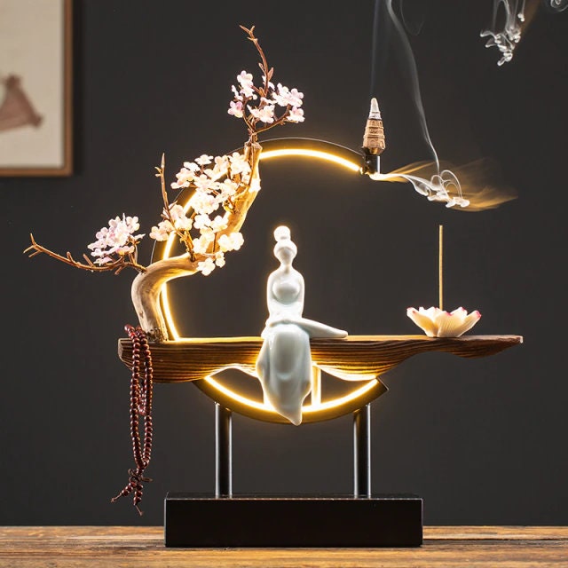 ACACUSS Brûleur d'encens Lotus en céramique Lampe LED Ornements d'eau en Circulation Gagner de l'argent Fontaine de rocaille Moderne Poisson