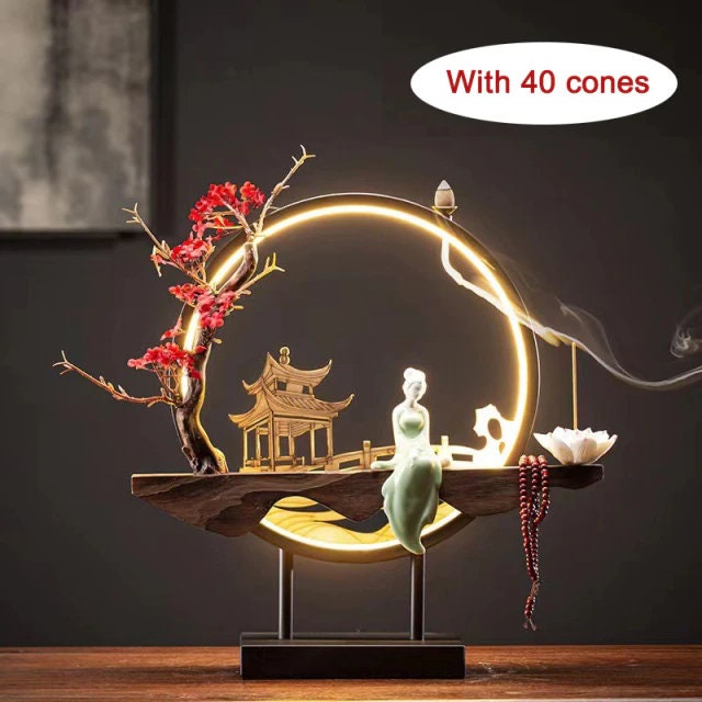 ACACUSS Keramik-Lotus-Räuchergefäß, LED-Lampe, zirkulierendes Wasser, Ornamente, Geld verdienen, moderner Steingarten-Brunnen, Fisch