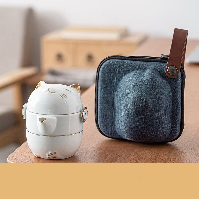 Ceramic Lucky Cat Kuai Ke Cup - Porcelain Tea Mug with Strainer Filter and Lid Portable Tea Coffee Mug Set for Office Travel Teaware