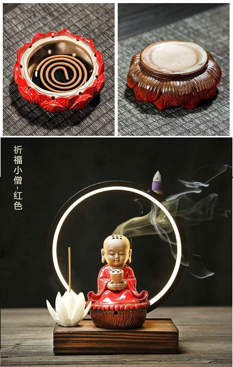 Sittende Buddha Cone Incense Fossholder Backflow Incense Burner LED LED HJEM LIVE ROM DESKERTOP