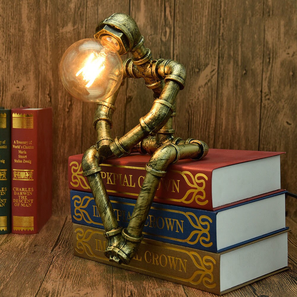 American SteamPunk Table Light Robot Table Lamp Vintage Loft Iron Pipe Desk Lamp Industrial Led Table Lamps Bedside Cafe Indoor Retro Decor