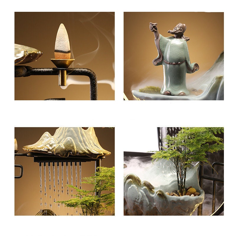 Acacuss Ceramic Lotus Incense Burner LED Lampu Beredar Perhiasan Air Menjana Wang Modern Rockery Fountain Fish