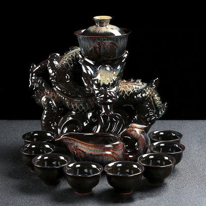 Bule de chá de dragão oriental | Conjunto de chá vintage chinês | Conjunto de chá antigo para adultos