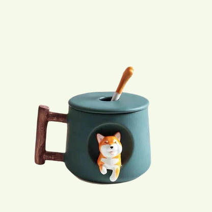 Grote koffiemok geweldig voor koffieliefhebber cadeau Shiba inu mug -keramische mok met deksel en lepel - honden koffiemok gepersonaliseerd