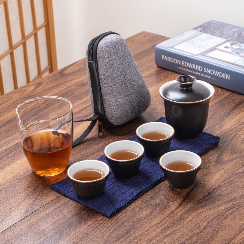 Keramisk bærbar Kung Fu Tea Cup Kuai Ke Tea Set - Travel Outdoor Teapot with Tea Cups - Travel Gaiwan Tea Set with Cups and Mug