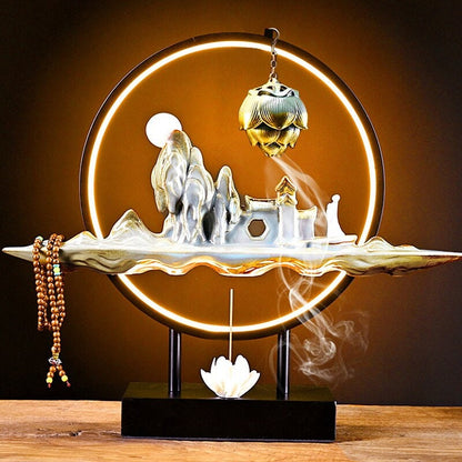 ACACUSS Keramik-Lotus-Räuchergefäß, LED-Lampe, zirkulierendes Wasser, Ornamente, Geld verdienen, moderner Steingarten-Brunnen, Fisch