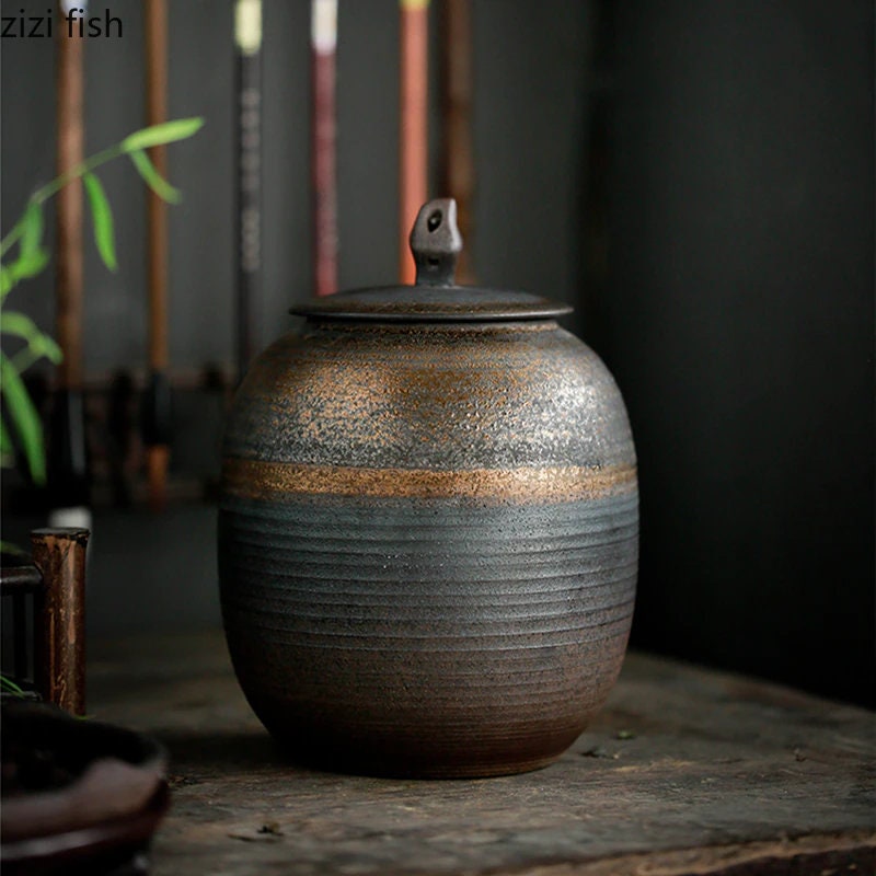 ACACUSS Retro Ceramic Large Tea Containers Pot Sealed Storage Tank for Tea & Coffee | Retro Stoneware | Ceramic Airtight pot Gong Fu - ACACUSS