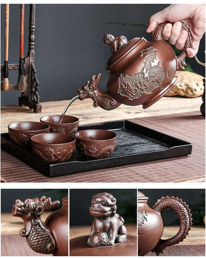 Dragon Tea Pot Yixing fialový hliněný čaj Teapot Sada Číňan